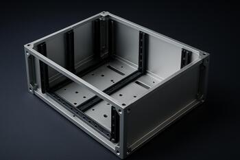 Open anodized aluminum chassis, showing mounting rails