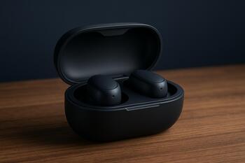 True wireless earbuds case opened on a wooden table