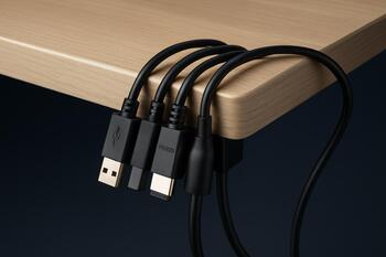 Cable routed along desk edge into a grommet