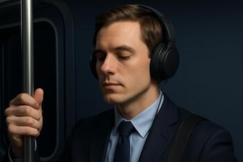 Over-ear ANC headphones on a morning metro commute