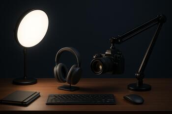 Creator desk with soft key light and camera on arm