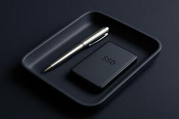 Shallow desk catch-all tray with pen and SSD