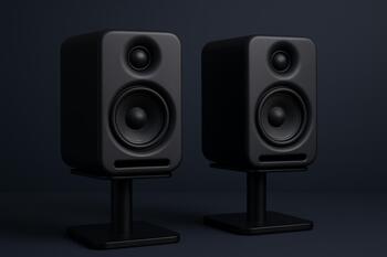 Compact desktop speakers on stands