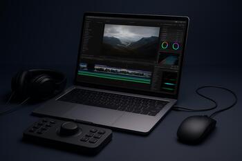 Laptop on stand with external SSD during a late-night editing session