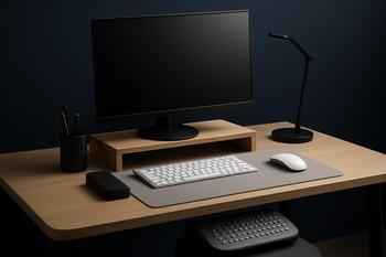 Ergonomic desk setup with monitor stand and foot rest