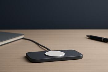 Low-profile magnetic charging dock on a tidy desk