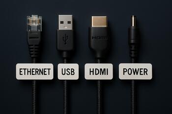 Labeled cables at the back of a dock