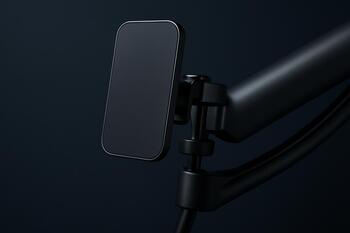 Slim magnetic phone mount clamped to a monitor arm