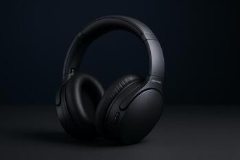 Closed-back headphones with active noise cancelling on a matte desk