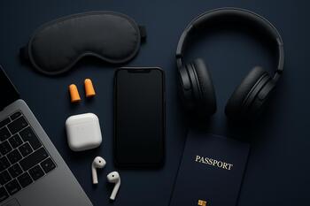 Red-eye flight seat with small tech kit and eye mask
