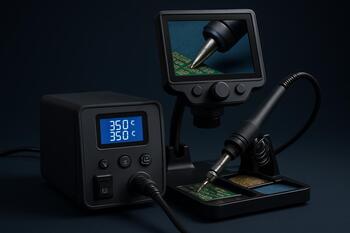 Soldering station under a small microscope