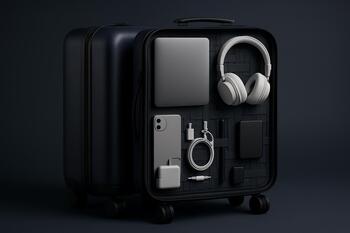 Carry-on suitcase with gridded tech compartments