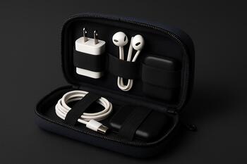 Tech pouch with zip and internal grid of elastic loops