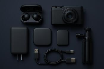 Flat-lay of compact travel tech in a grid