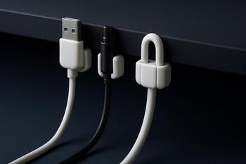 Under-desk cable clips holding a power strip lead