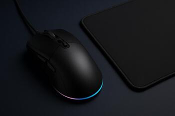 Wired gaming mouse beside a cloth pad